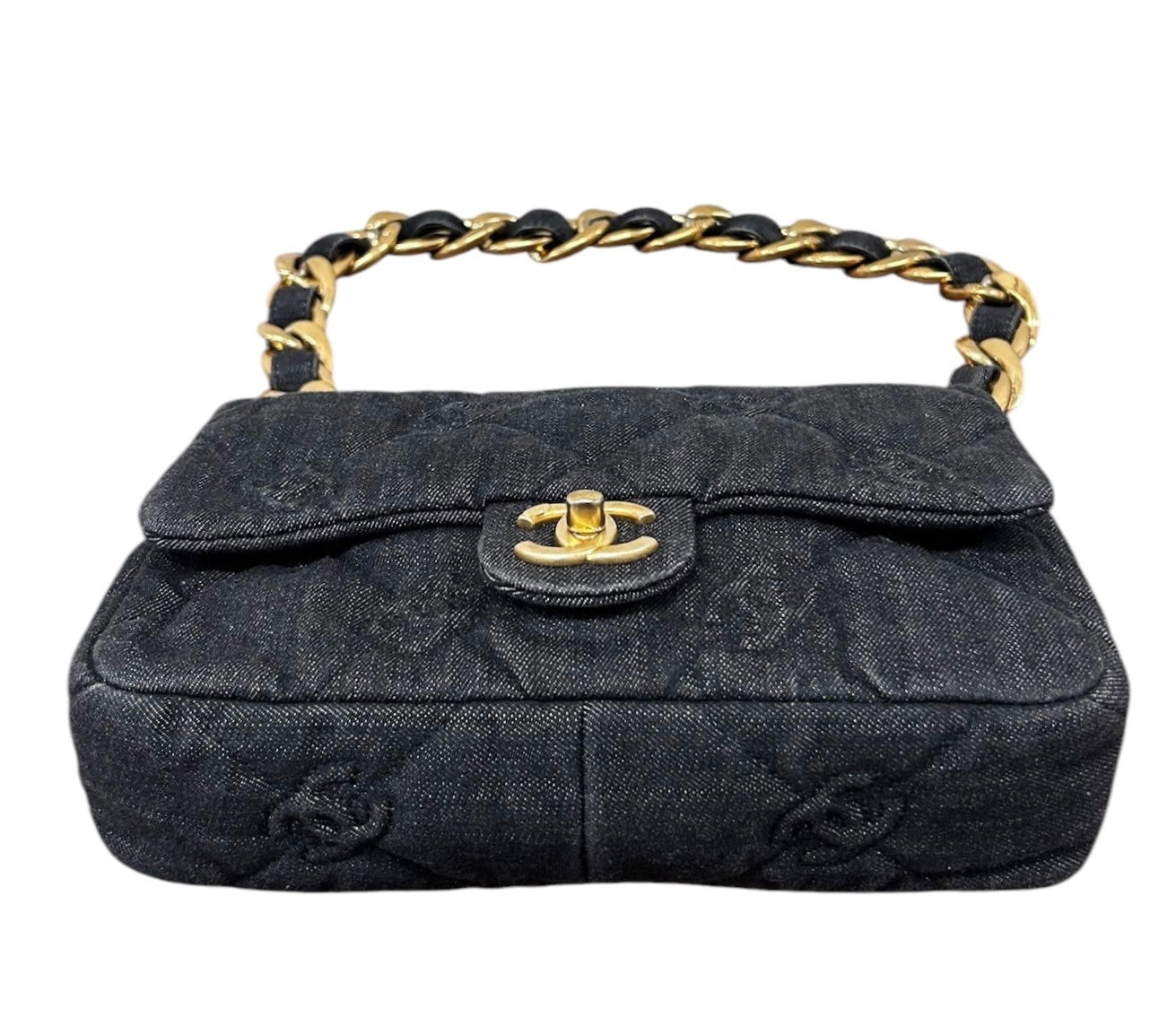 Chanel Black CC Embossed Quilted Denim Funky Town Flap Bag with Aged Gold Hardware