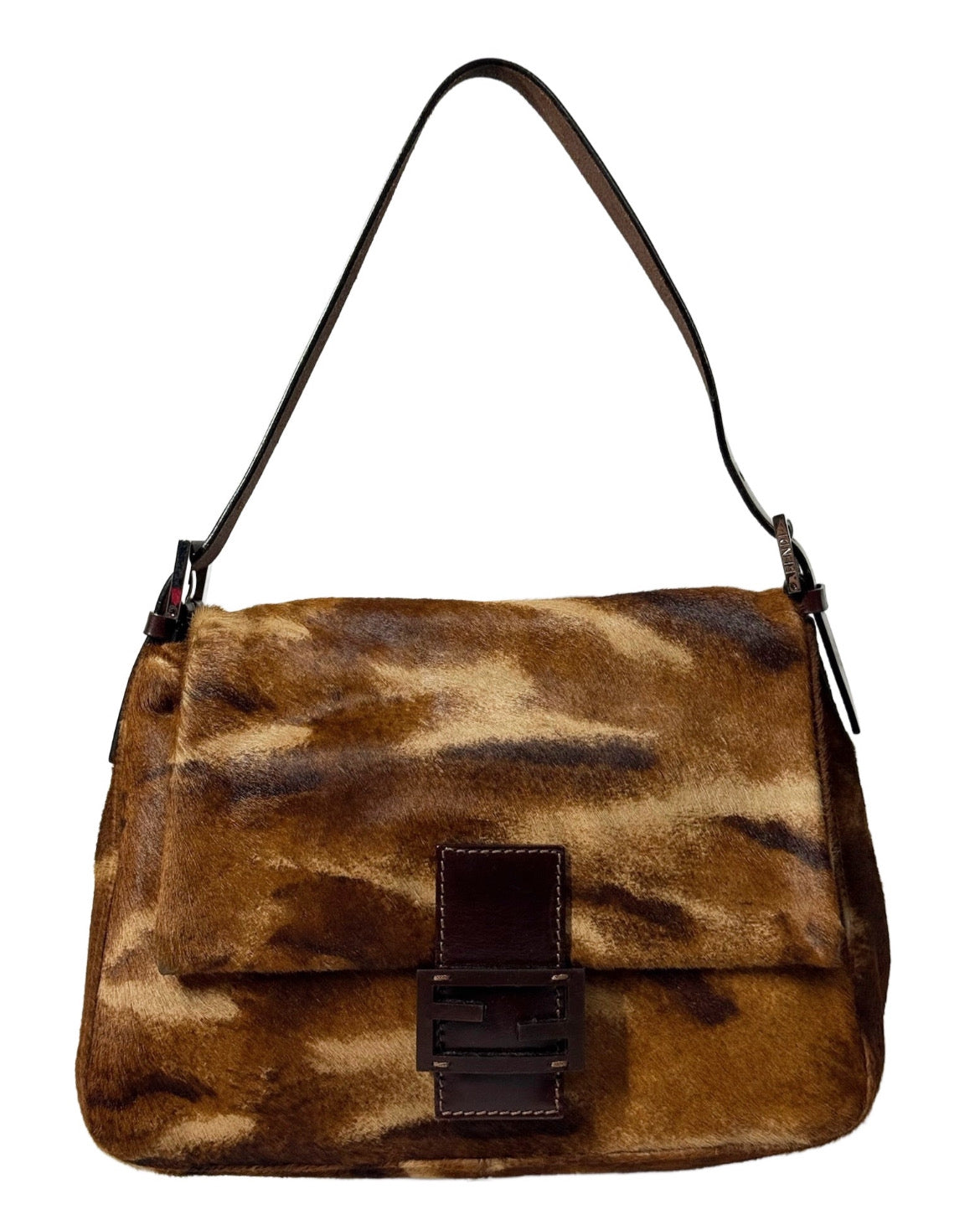 Fendi Vintage Brown Animal Print Pony Hair Mamma Baguette Shoulder Bag