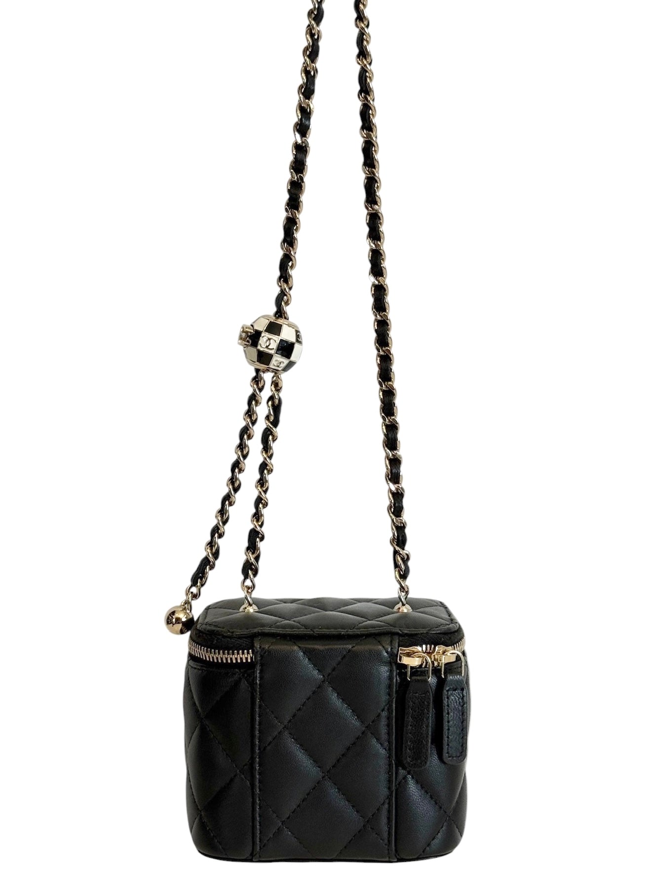 Chanel Black Quilted Lambskin Pearl Crush Vanity with Checkered Ball