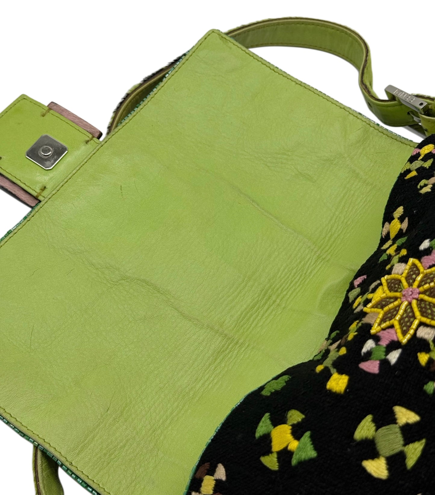 Fendi Vintage Black Knit Beaded Embroidered Aztec Print Mamma Baguette Shoulder Bag with Green Cow Print Pony Hair Trim