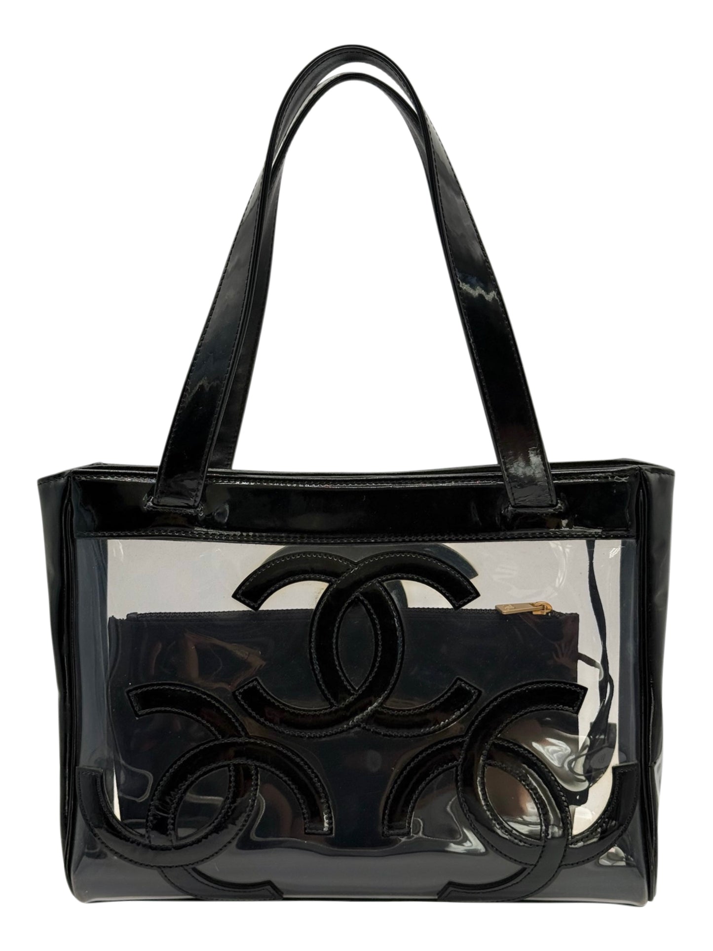 Chanel Vintage 00s Black Patent Leather PVC Triple CC Small Tote Shoulder Bag w Pouch