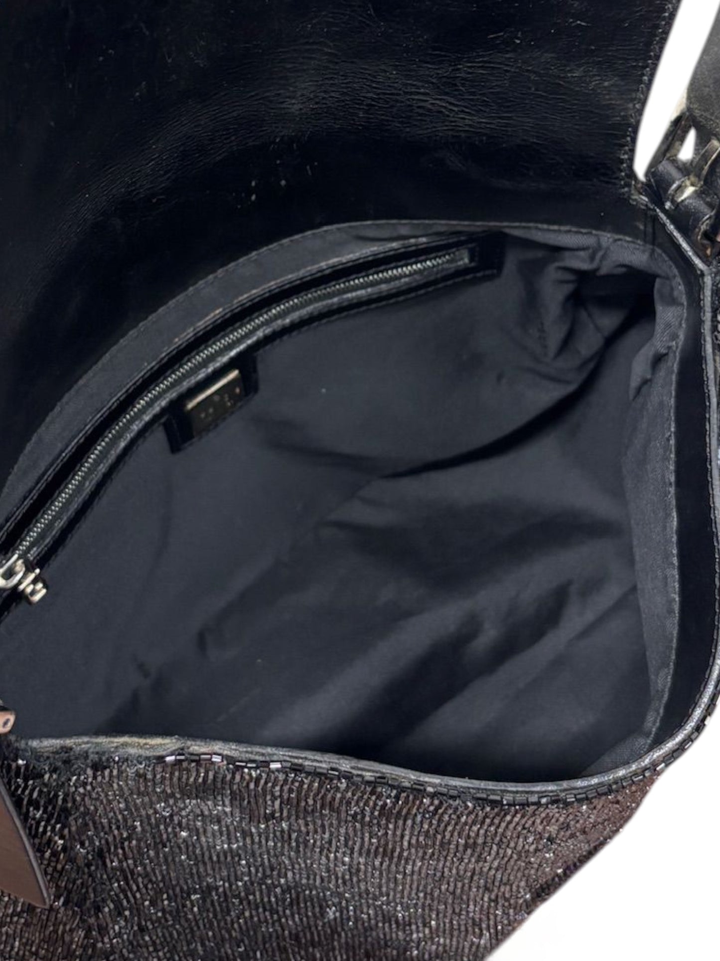 Fendi Vintage Black Beaded Leather Trim Mamma Baguette Shoulder Bag