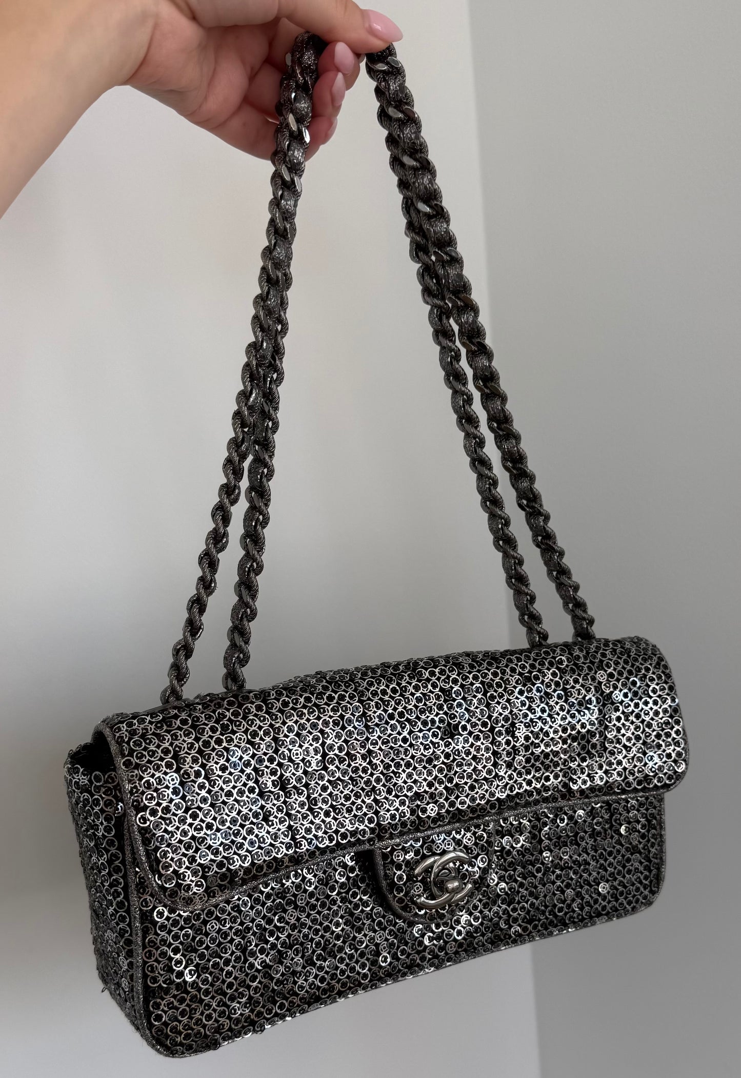 Chanel Vintage Pewter Silver Sequin East West Classic Flap Shoulder Bag