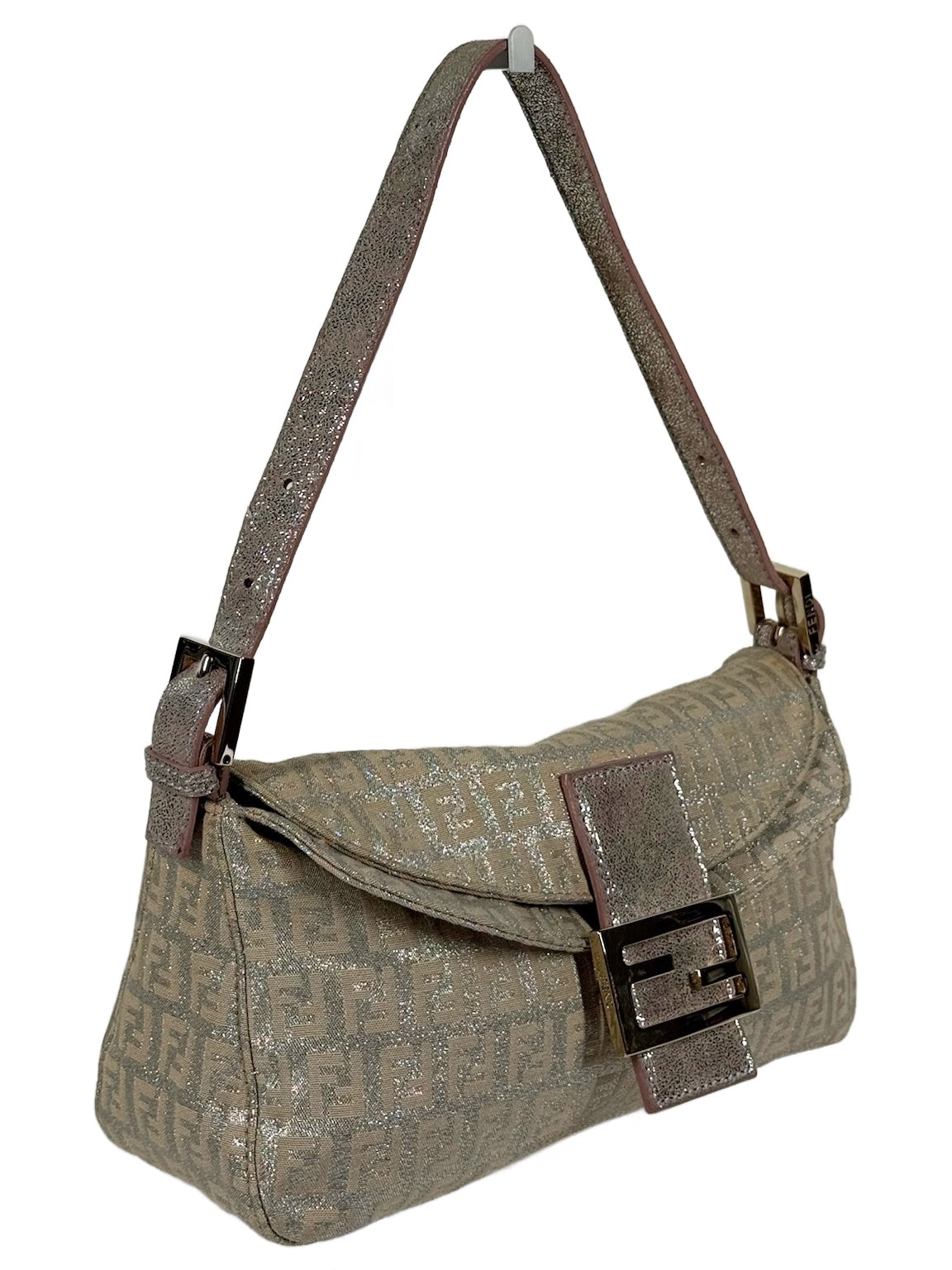 Fendi Vintage Light Pink Metallic Silver Glitter Zucca Monogram Double Flap Shoulder Baguette Bag