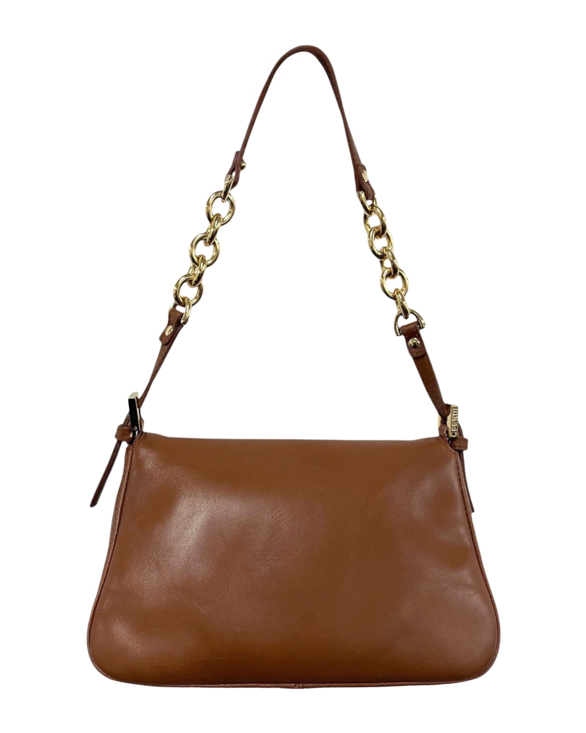 Fendi Vintage Cognac Brown Leather Snakeskin Logo Mini Mamma Shoulder Baguette Bag w Chain Strap