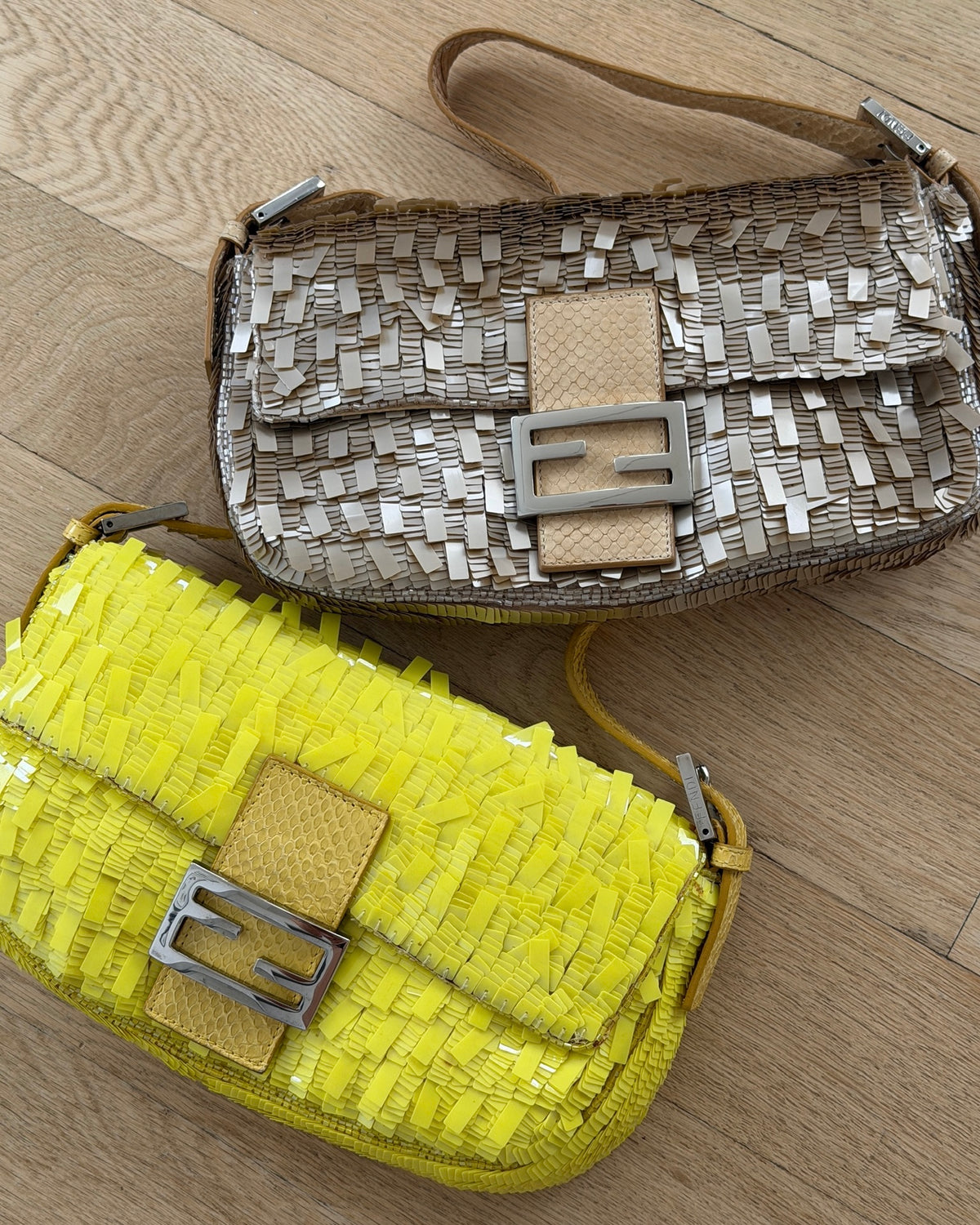 Fendi Vintage Champagne Gold Palliates Sequin Beaded Shoulder Baguette Bag with Python Trim