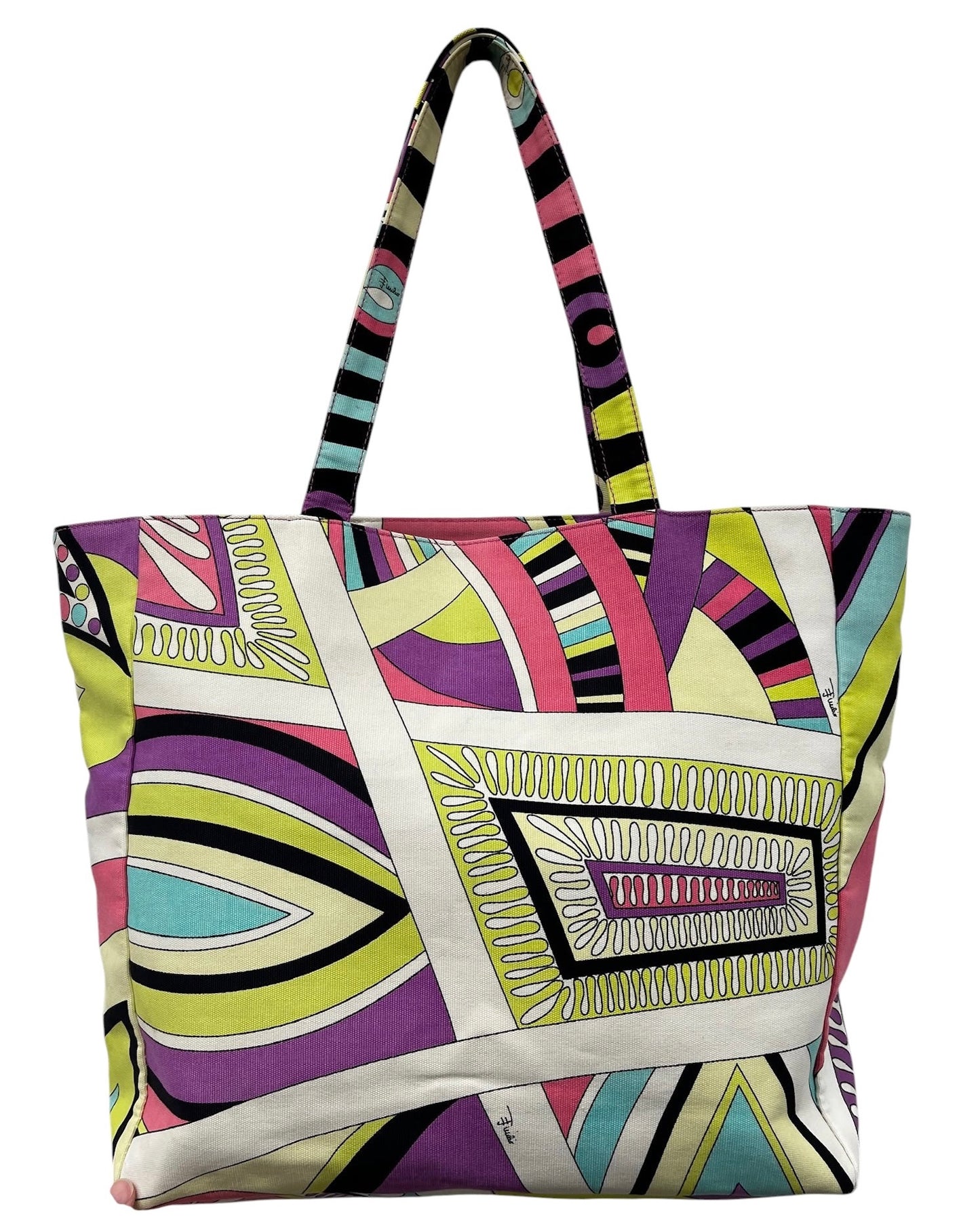 Emilio Pucci Vintage Pink Purple Green Canvas Large Shoulder Tote Bag