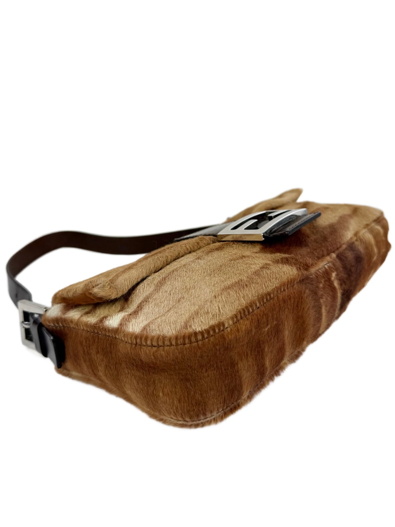 Fendi Vintage Brown Beige Giraffe Print Pony Hair Shoulder Baguette Bag