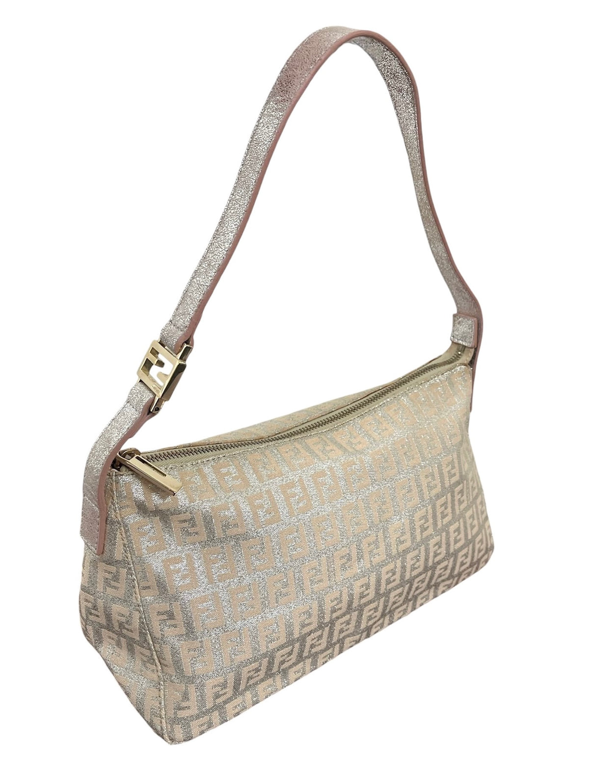Fendi Vintage Pink Iridescent Metallic Zucchino Zucca Monogram Medium Shoulder Pochette Bag
