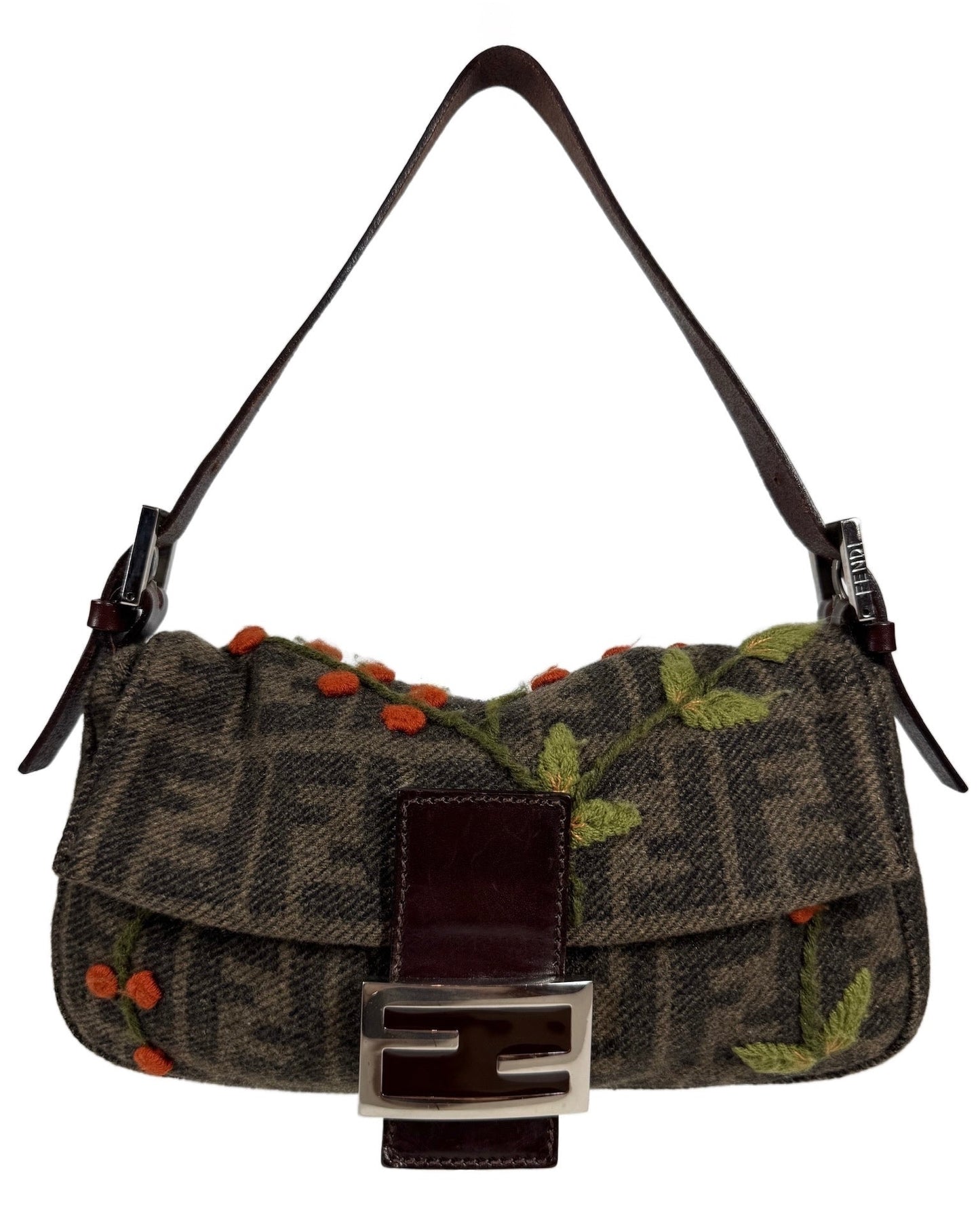 Fendi Vintage Brown Wool Zucca Monogram Cherry Embroidered Shoulder Baguette Bag