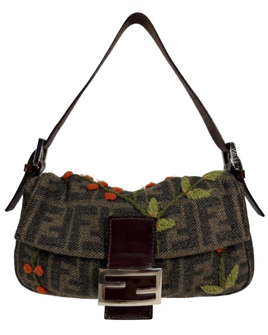 Fendi Vintage Brown Wool Zucca Monogram Cherry Embroidered Shoulder Baguette Bag