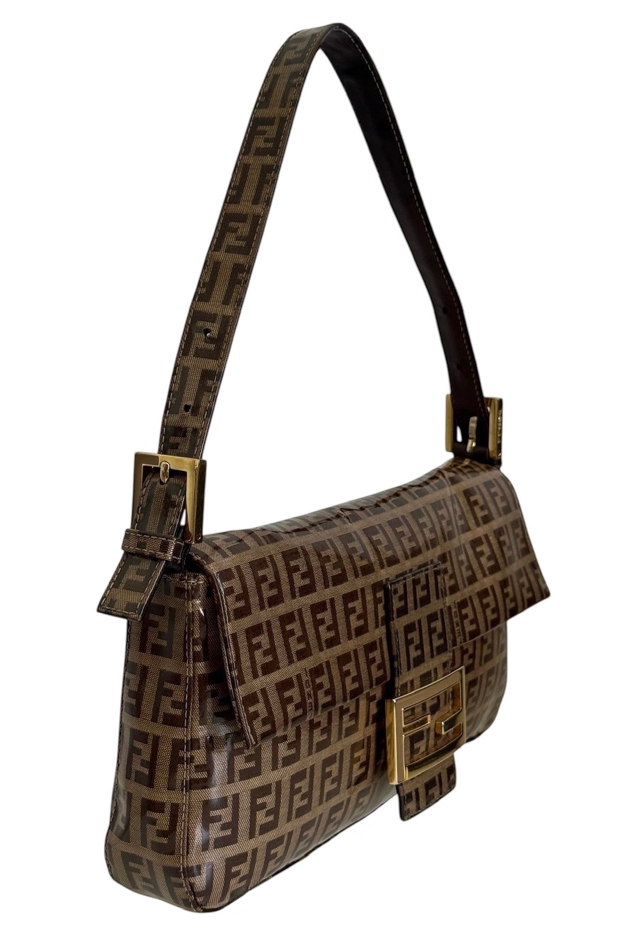Fendi Vintage Coated Light Brown Zucchinno Zucca Monogram Shoulder Baguette Bag with Gold Enamel Logo