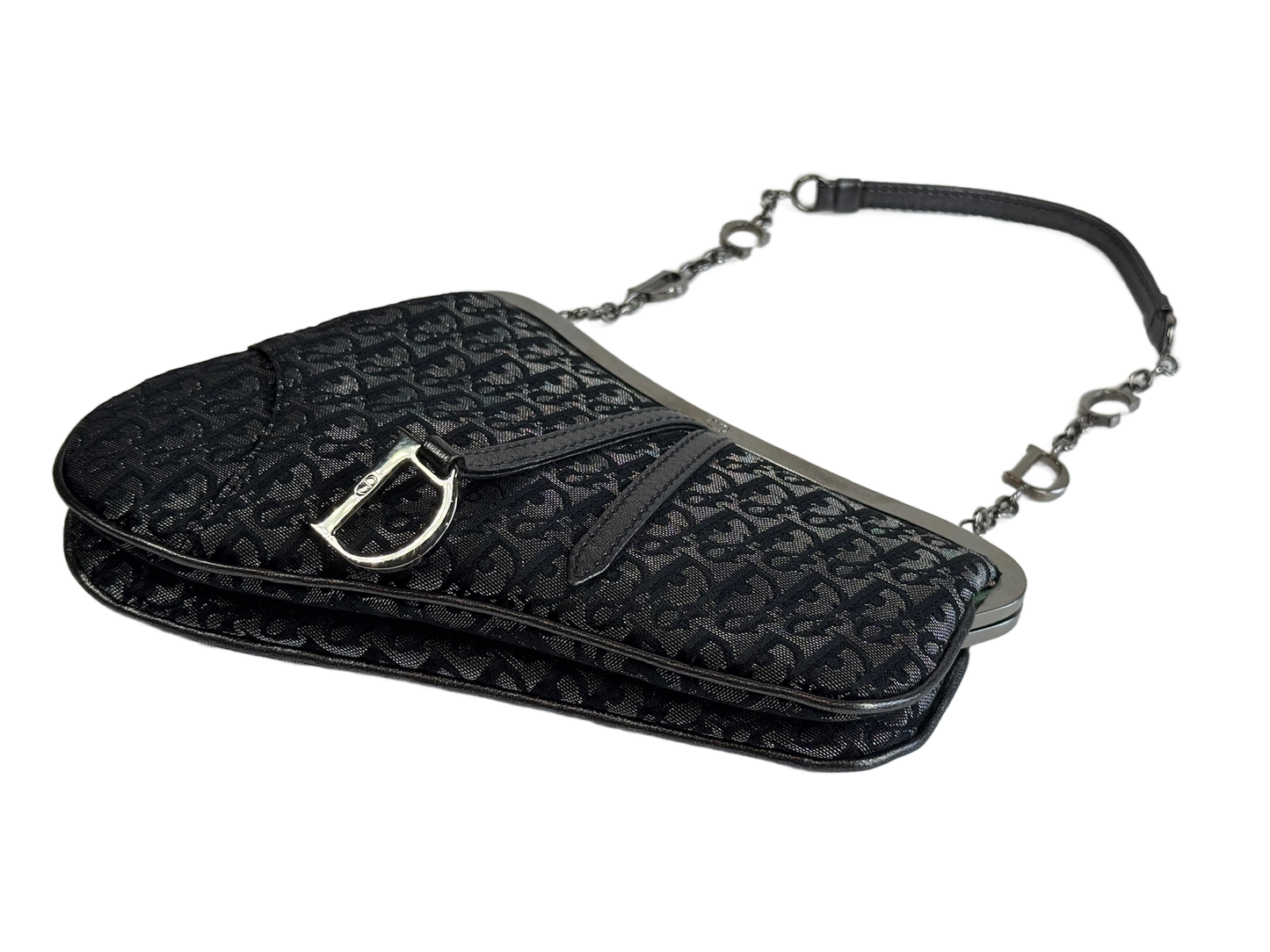 Dior Vintage 2003 Metallic Grey Diorissimo Monogram Micro Mini Evening Saddle Bag