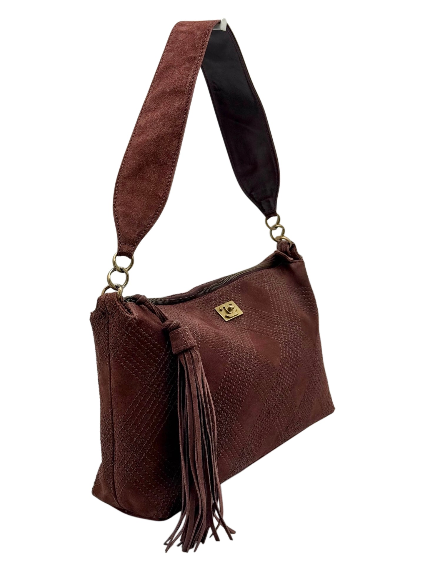 Chanel Vintage 00s Brown Suede Quilted Medium Shoulder Bag with Tassel