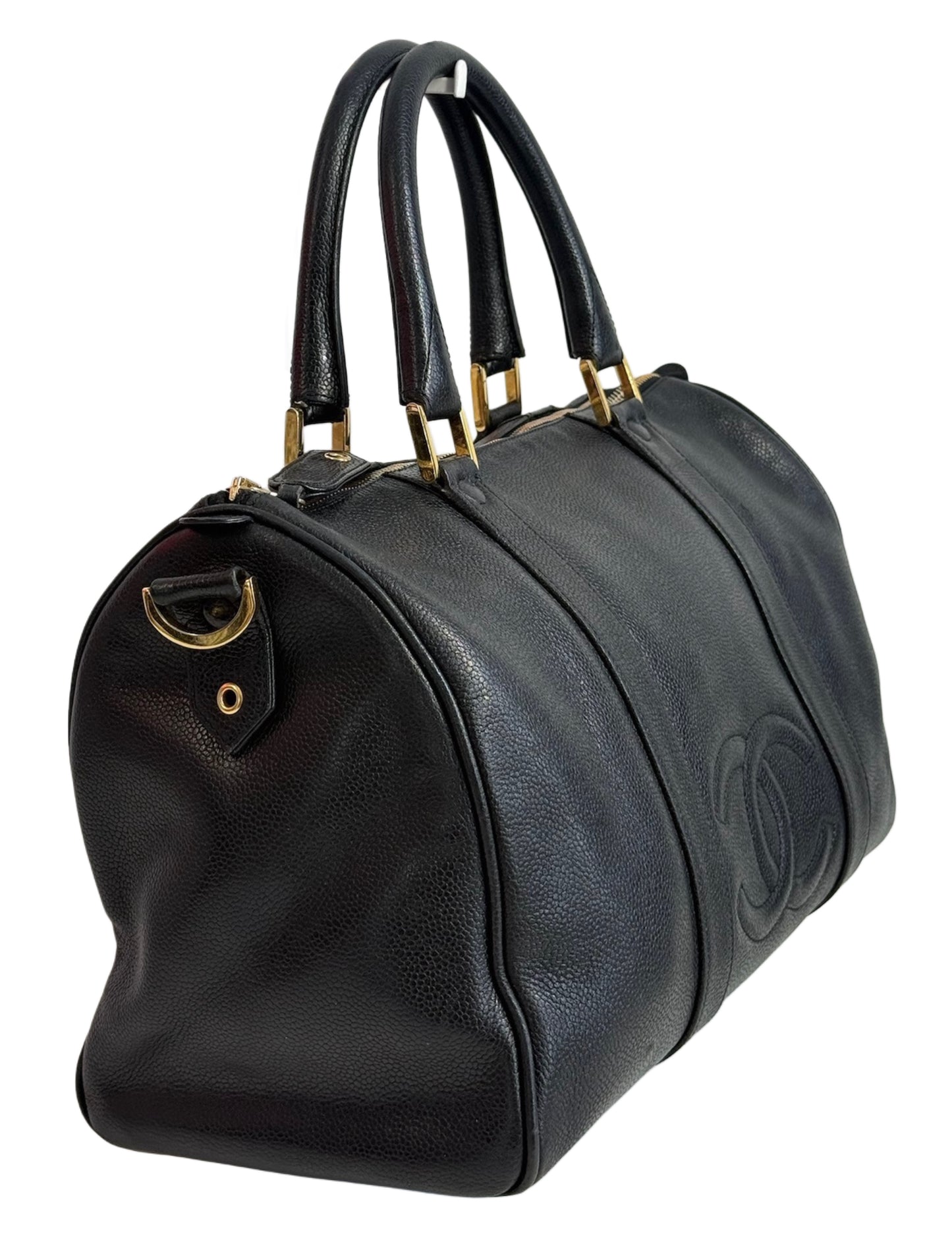 Chanel Vintage 90s Black Caviar CC Logo Small 2-Way Boston Duffle w 24K GPHW
