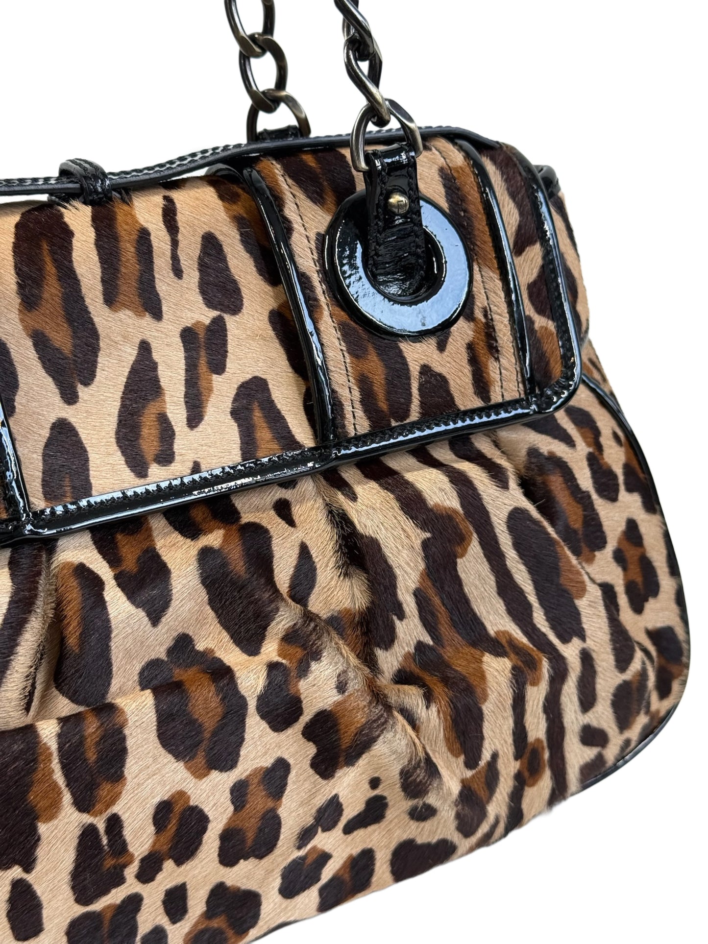 Fendi Vintage Brown Leopard Print Pony Hair Black Patent Leather Logo Buckle Shoulder Bag