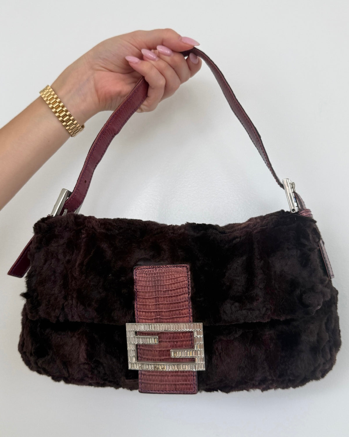 Fendi Vintage Purple Rabbit Fur Pink Lizard Trim Crystal Logo Shoulder Baguette Bag