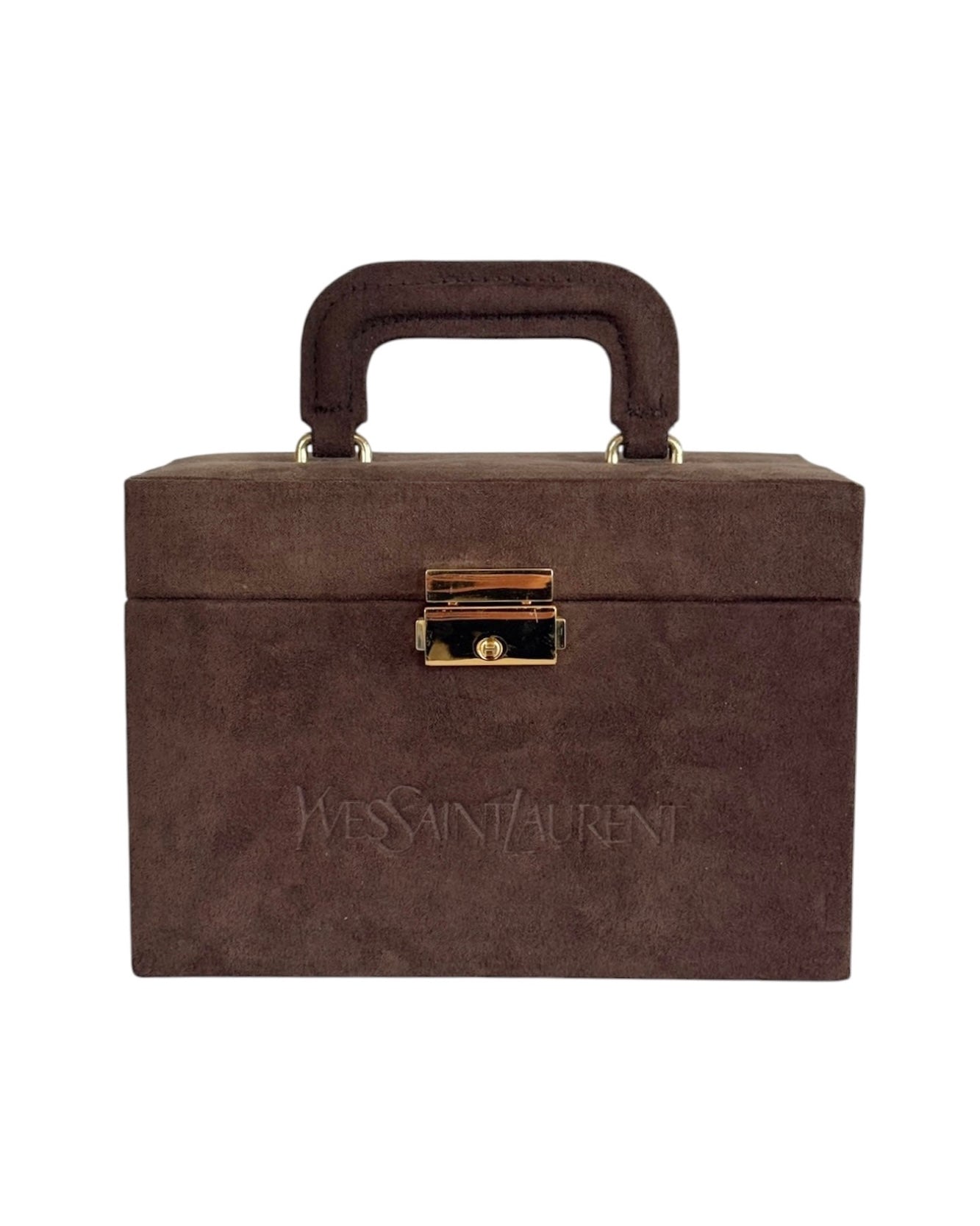 YSL / Yves Saint Laurent Vintage Brown Suede Mini Trunk Vanity Jewelry Case Box