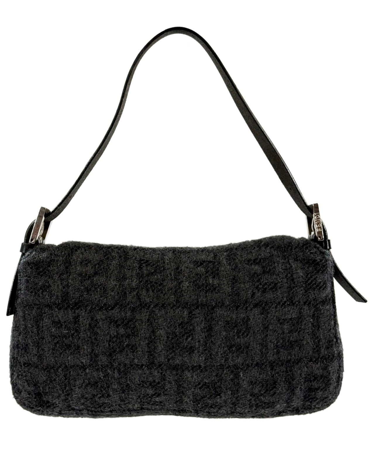 Fendi Vintage Gray Black Zucca Monogram Knit Wool Shoulder Baguette Bag