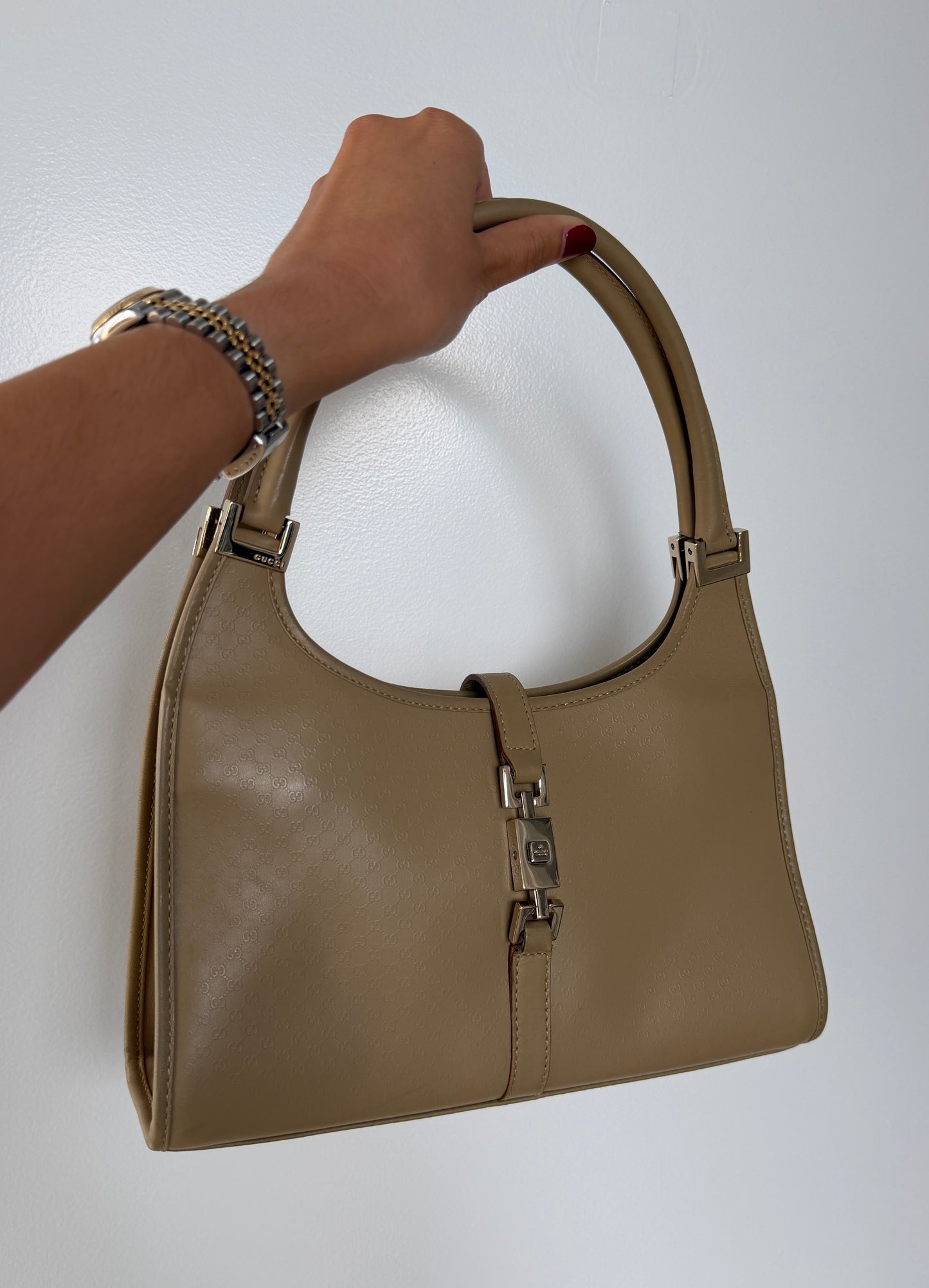 Gucci Vintage Beige GG Microguccissima Monogram Coated Leather Small Jackie Shoulder Bag