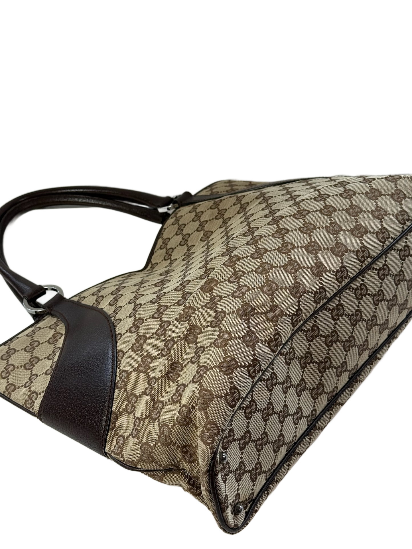 Gucci Vintage Brown GG Monogram Brown Leather Trim Top Large Shoulder Tote Bag