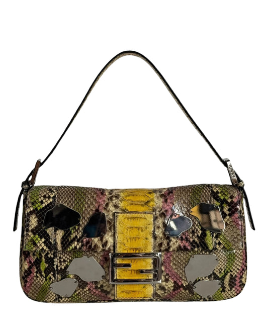 Fendi Vintage S/S 2000 Multicolor Python Abstract Mirror Embellished Shoulder Baguette Bag