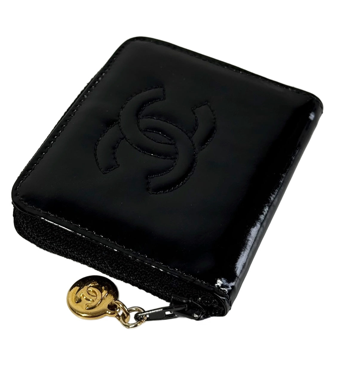 Chanel Vintage Black Patent Leather CC Zip Coin Pouch Wallet