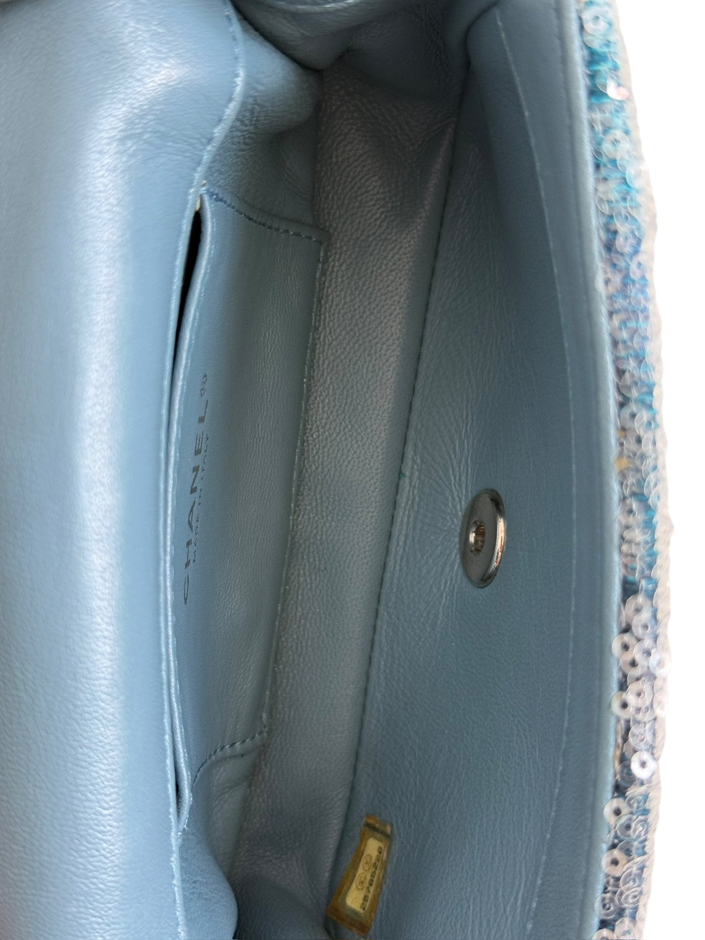 Chanel 2018 Blue Sequin Waterfall Mini Rectangular Classic Flap Bag