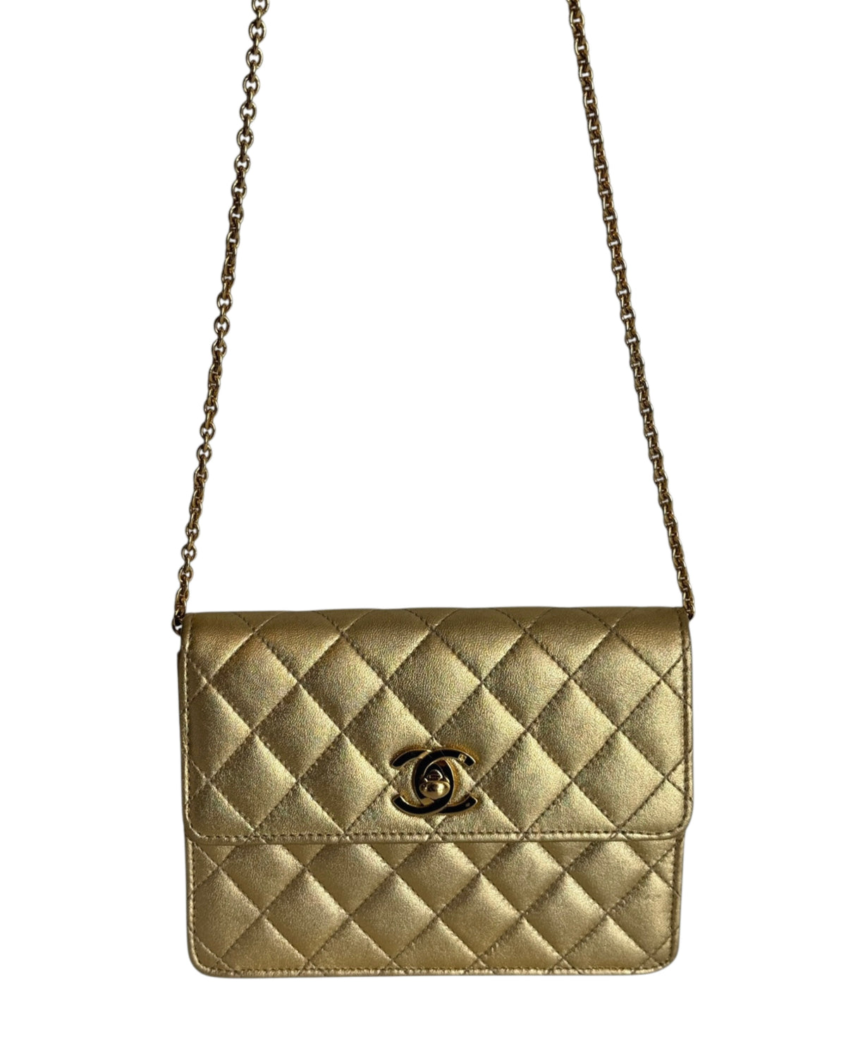 Chanel Vintage 90’s Metallic Gold Quilted Lambskin Micro Mini Square Flap Bag with 24K GPHW