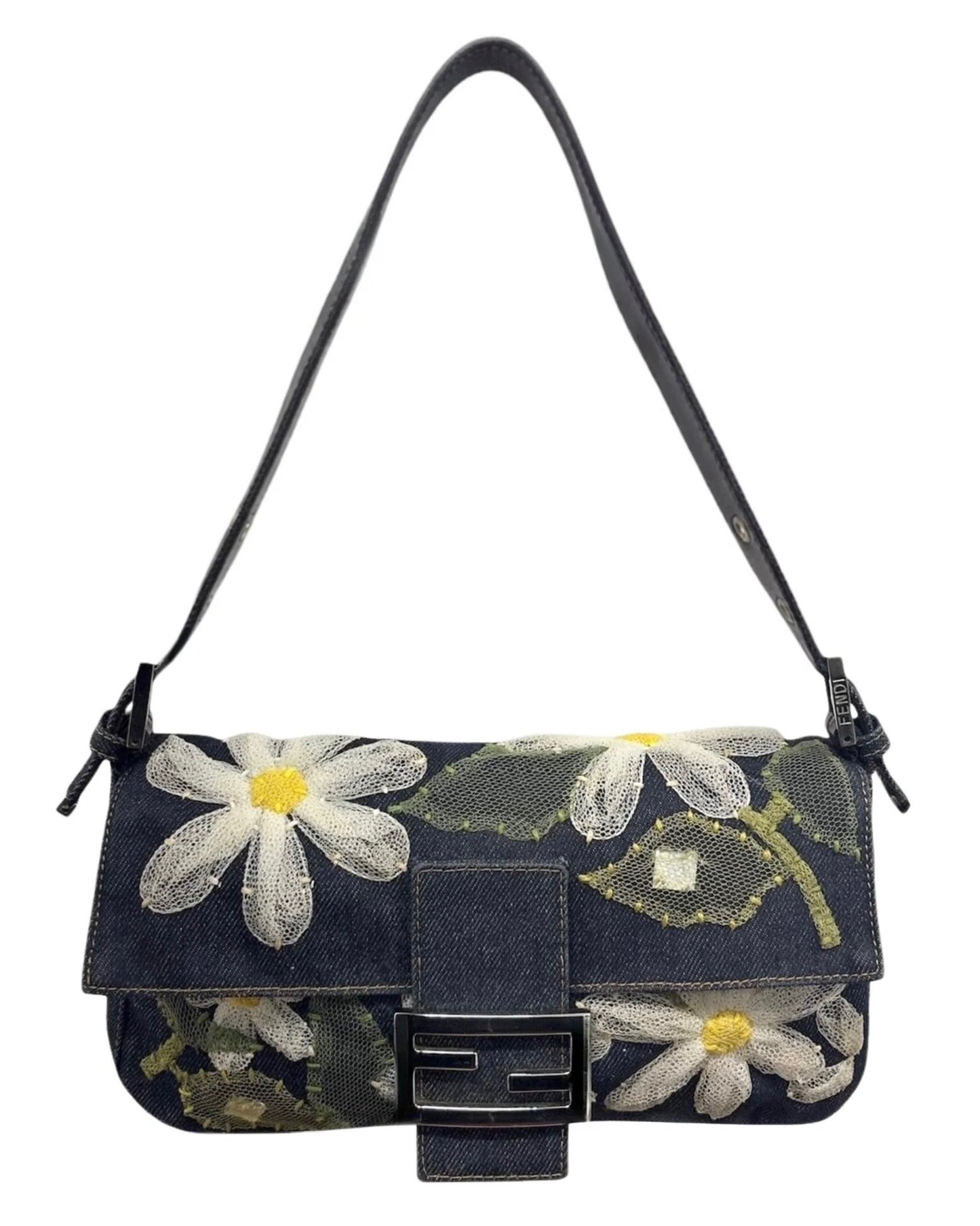 Fendi Vintage Blue Denim Mesh Tulle Daisy Floral Mirror Embellished Shoulder Baguette Bag