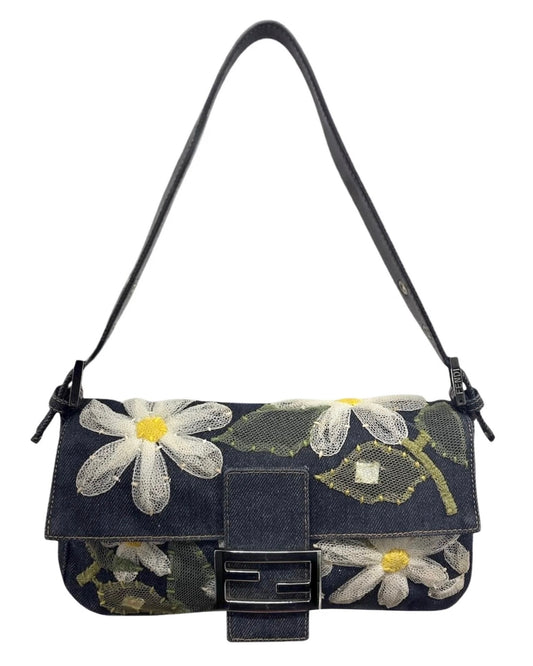 Fendi Vintage Blue Denim Mesh Tulle Daisy Floral Mirror Embellished Shoulder Baguette Bag