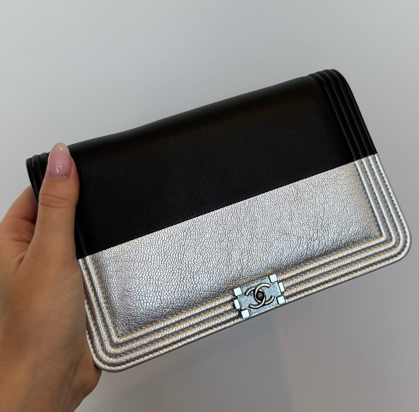 Chanel Black & Metallic Silver Lambskin Two-Toned Boy Wallet on Chain Bag