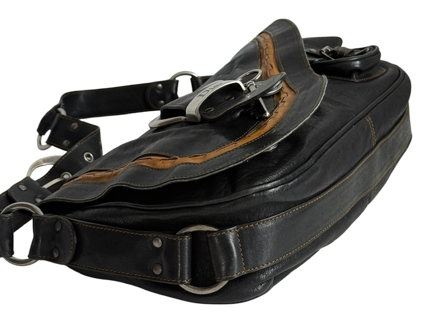 Dior by John Galliano Vintage 2006 Black & Brown Leather Small Gaucho Shoulder Saddle Messenger Bag