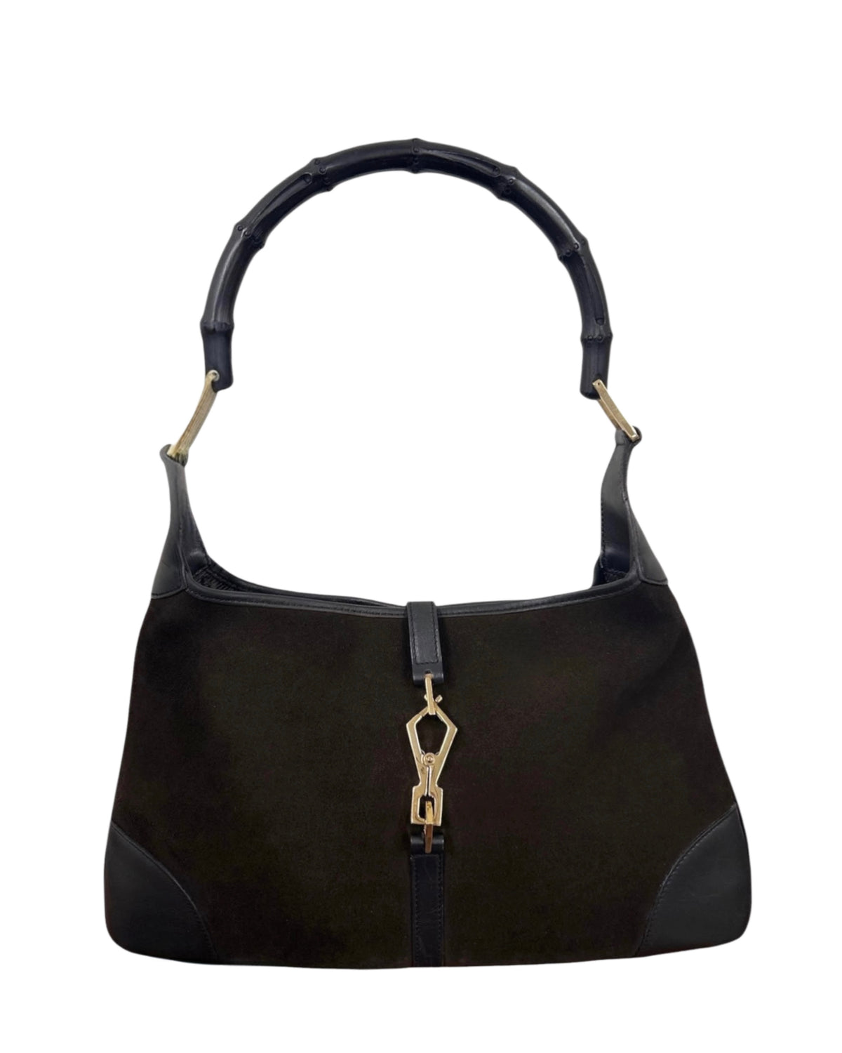 Gucci Vintage Dark Brown Suede Leather Trim Small Jackie Bamboo Handle Shoulder Bag