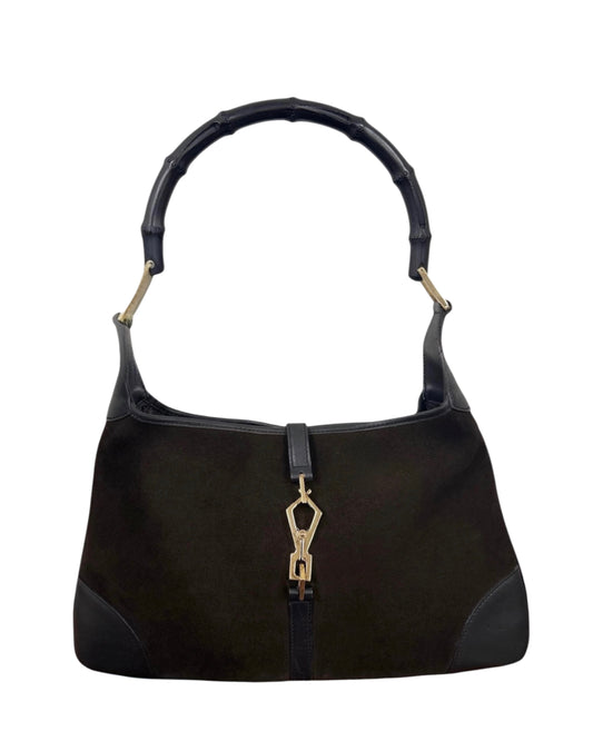 Gucci Vintage Dark Brown Suede Leather Trim Small Jackie Bamboo Handle Shoulder Bag