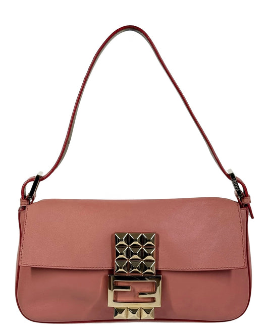 Fendi Vintage Mauve Pink Leather Gold Studded Logo Shoulder Baguette Bag w Pouch