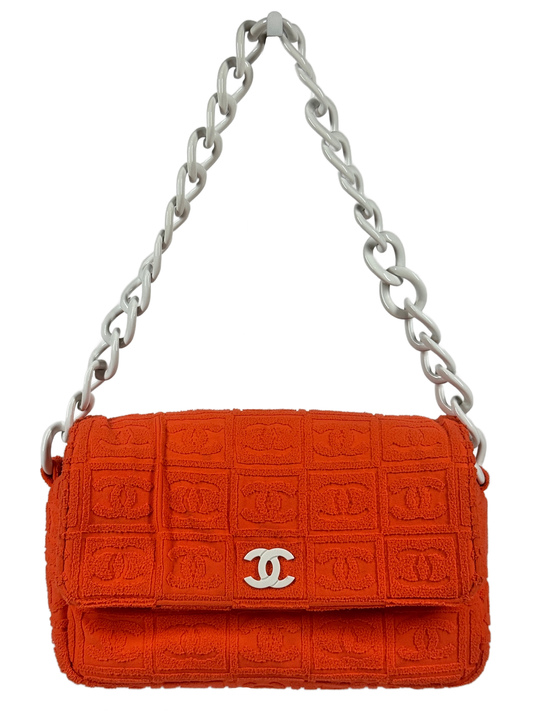 Chanel Vintage 00s Orange CC Logo Terry Cloth Sport Line Flap Bag w White Resin Chainlink Hardware