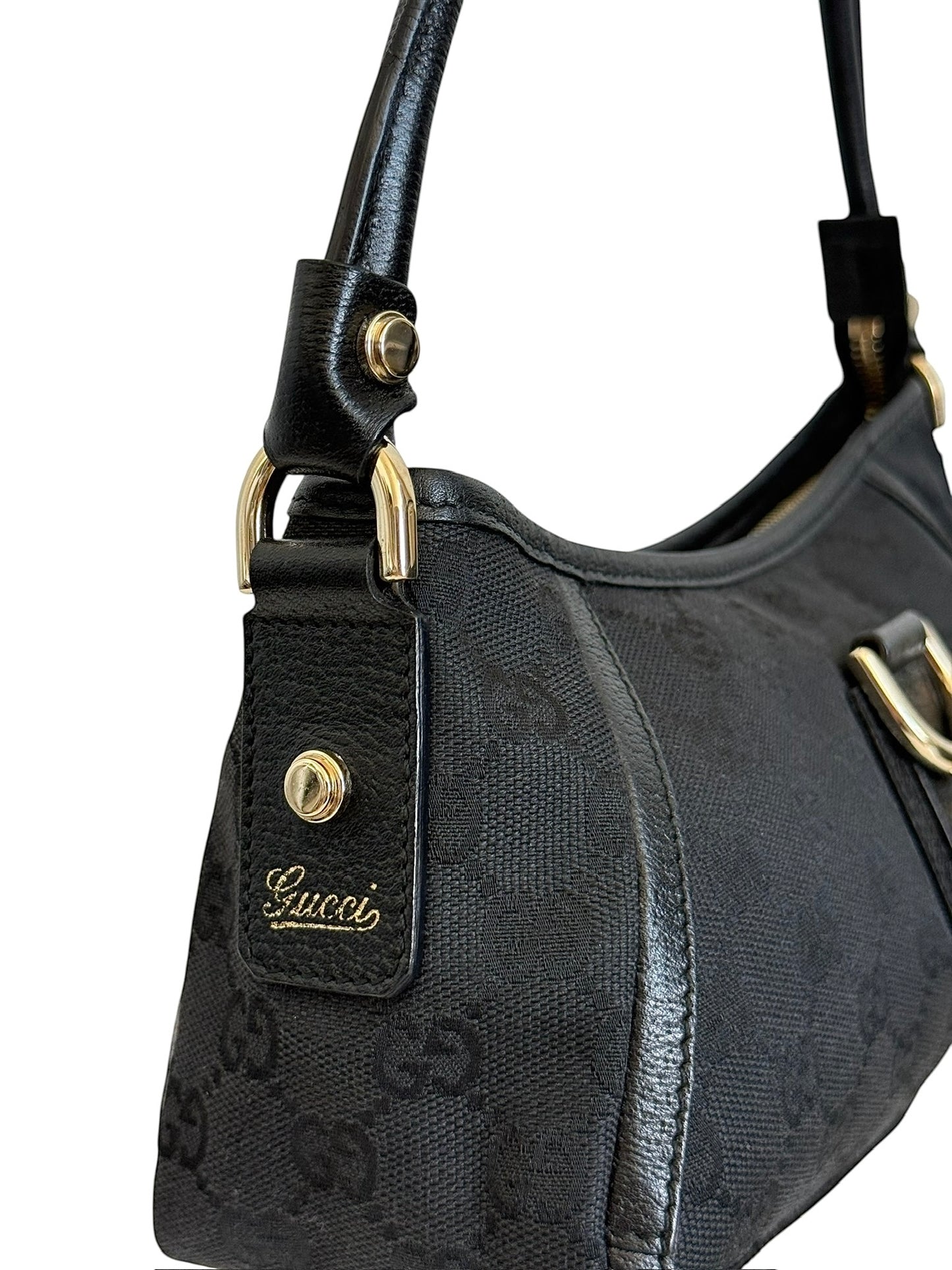 Gucci Vintage Black GG Monogram Canvas Round D Ring Abbey Pochette Bag 