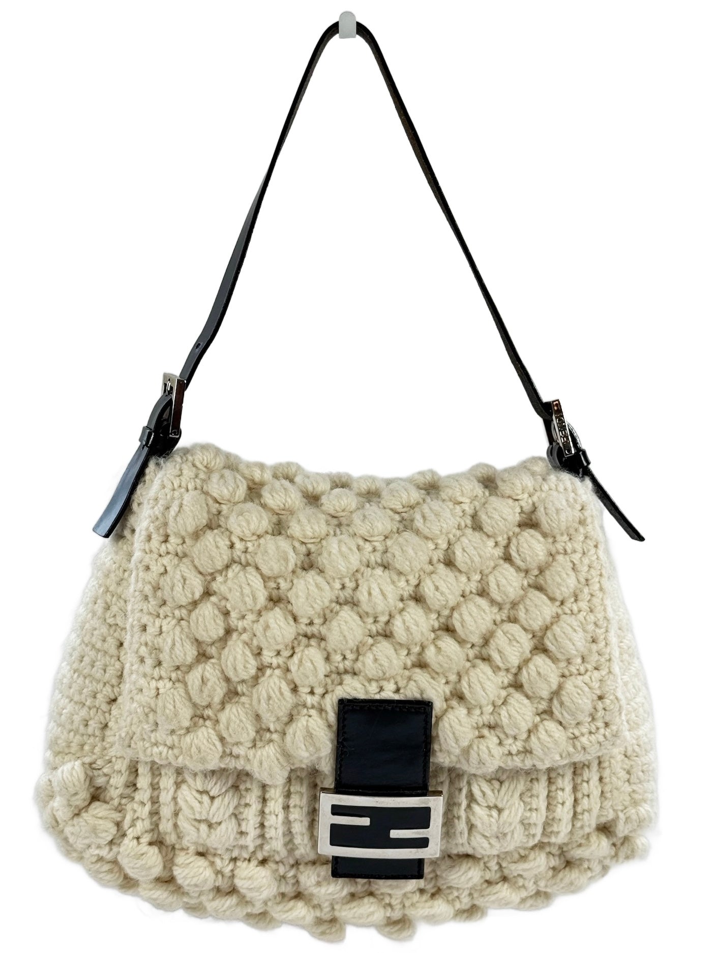 Fendi Vintage Ivory Crochet Knit Mamma Shoulder Baguette Bag