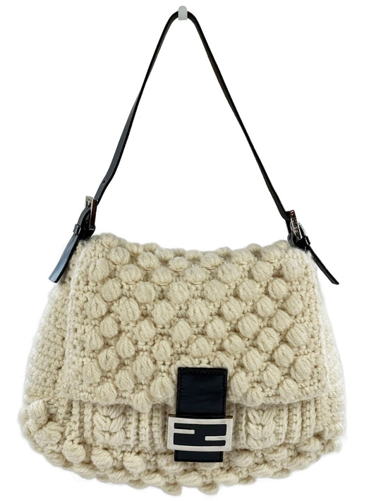 Fendi Vintage Ivory Crochet Knit Mamma Shoulder Baguette Bag