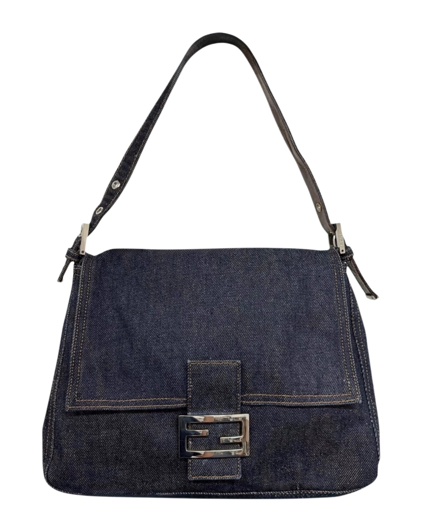 Fendi Vintage Classic Blue Denim Mamma Baguette Shoulder Bag