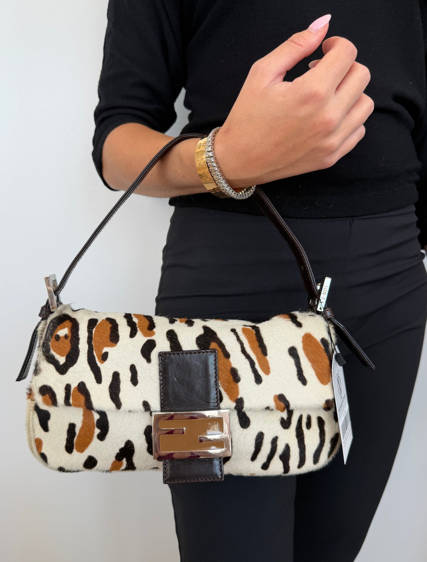 Fendi Vintage White & Brown Leopard Print Pony Hair Shoulder Baguette Bag