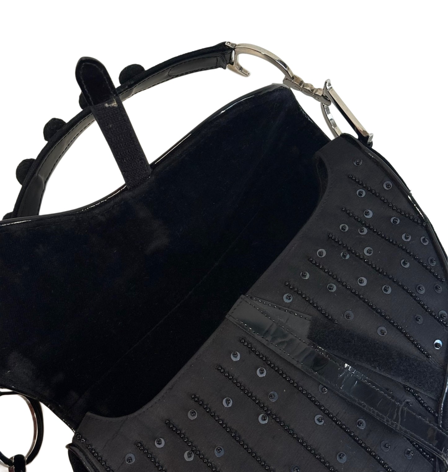 Dior Vintage Black Velvet Pom Pom Sequin Embellished Saddle Shoulder Bag #0544