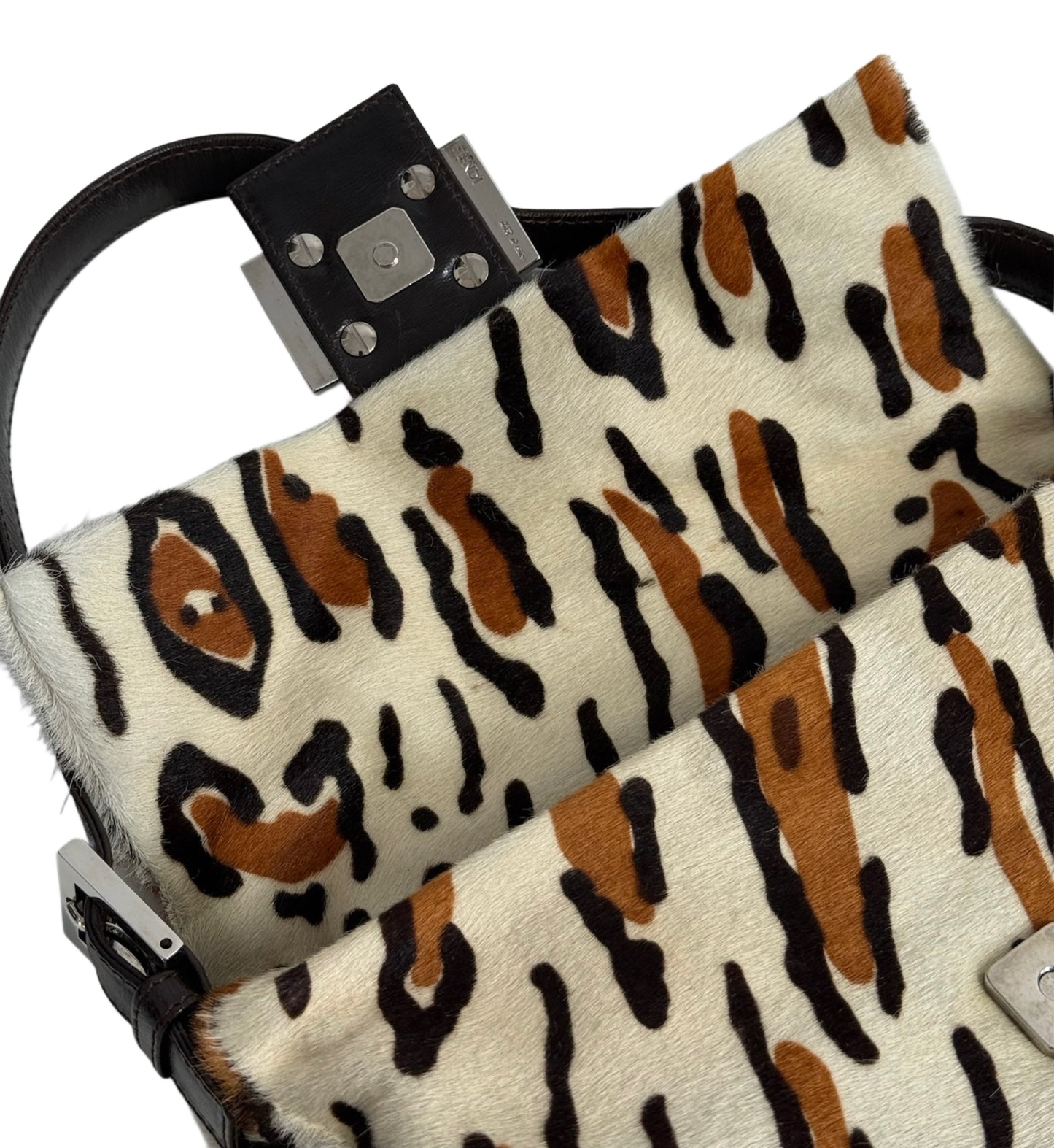 Fendi Vintage White & Brown Leopard Print Pony Hair Shoulder Baguette Bag