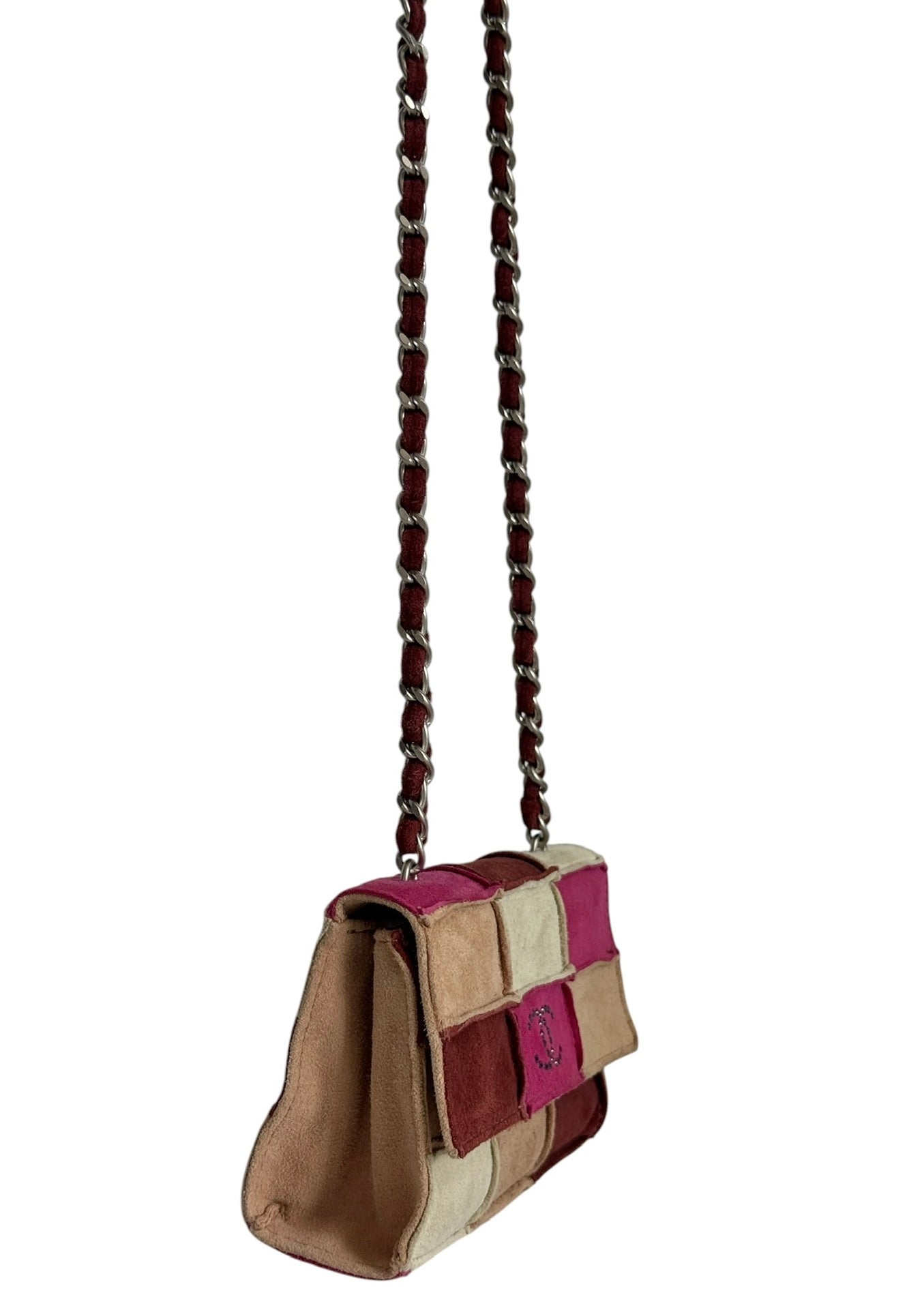 Chanel Vintage 90s Light Brown and Pink Patchwork Suede Crystal CC Logo Micro Mini Flap Crossbody Bag 