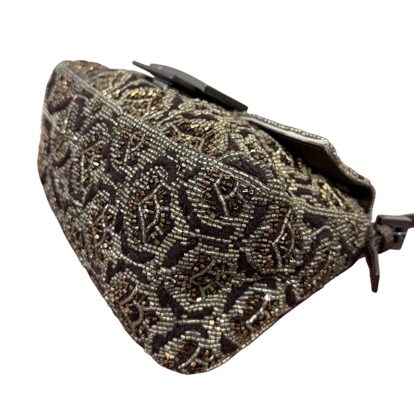 Fendi Vintage Brown Beaded Floral Embroidered Crystal Lizard Trim Mini Mamma Shoulder Baguette Bag