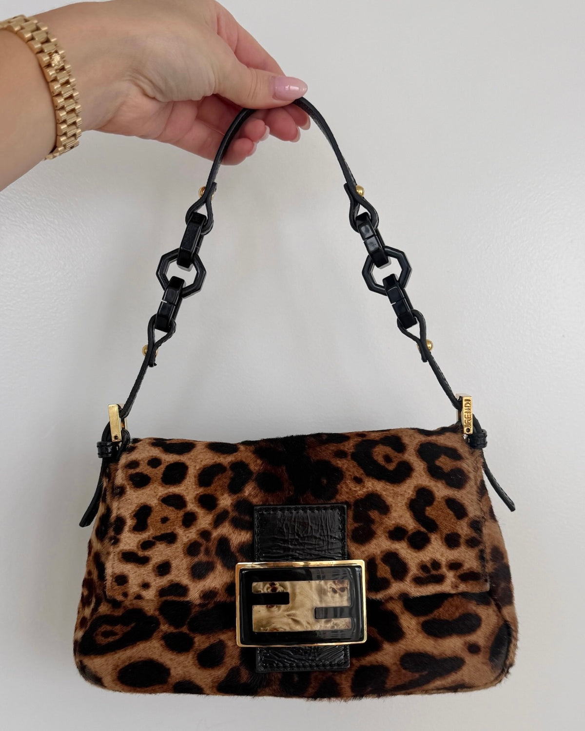 Fendi Vintage Leopard Print Pony Hair Marble Logo Mini Mamma Shoulder Baguette Bag