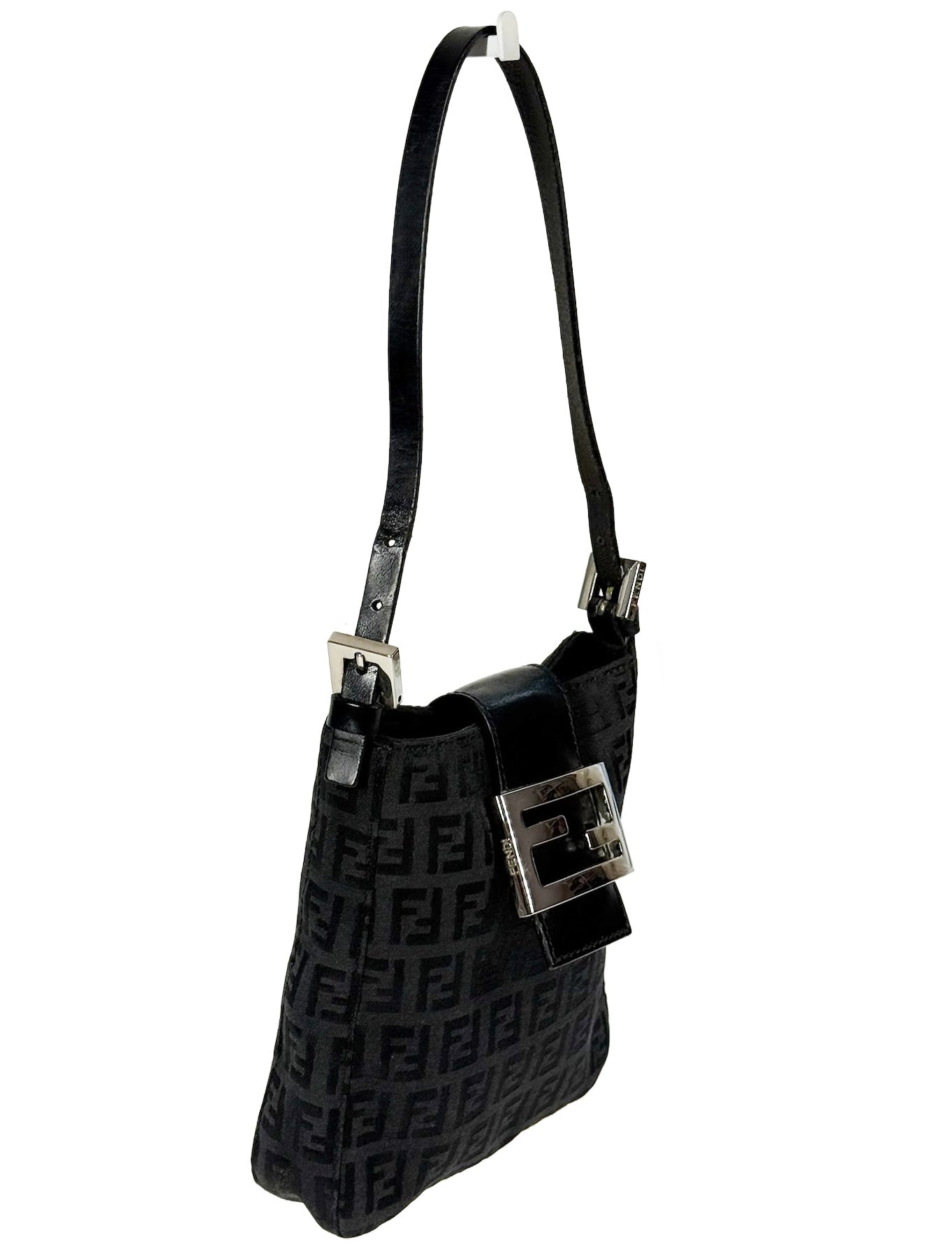 Fendi Vintage Black Zucca Monogram Phone Holder Pochette Baguette