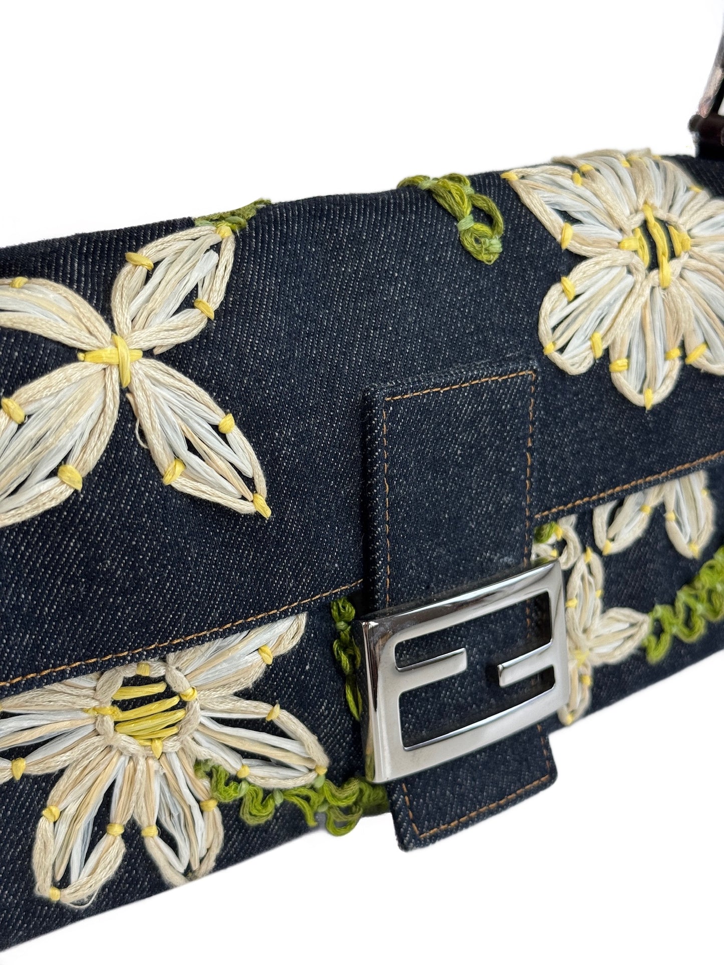 Fendi Vintage Blue Denim Floral Embroidered Baguette Shoulder Bag