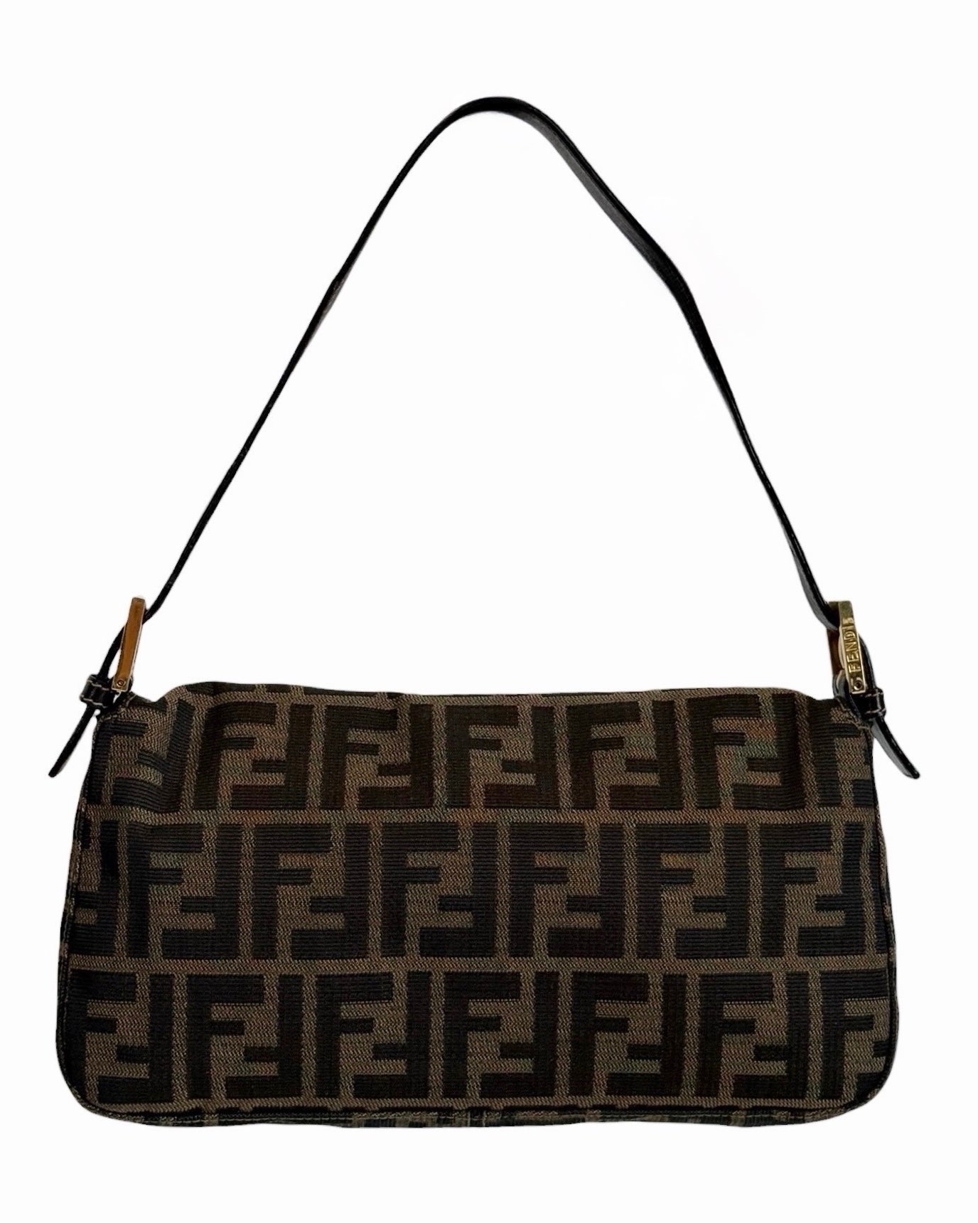 Fendi Vintage Brown Zucca Monogram Classic Shoulder Bag Baguette with Gold Hardware